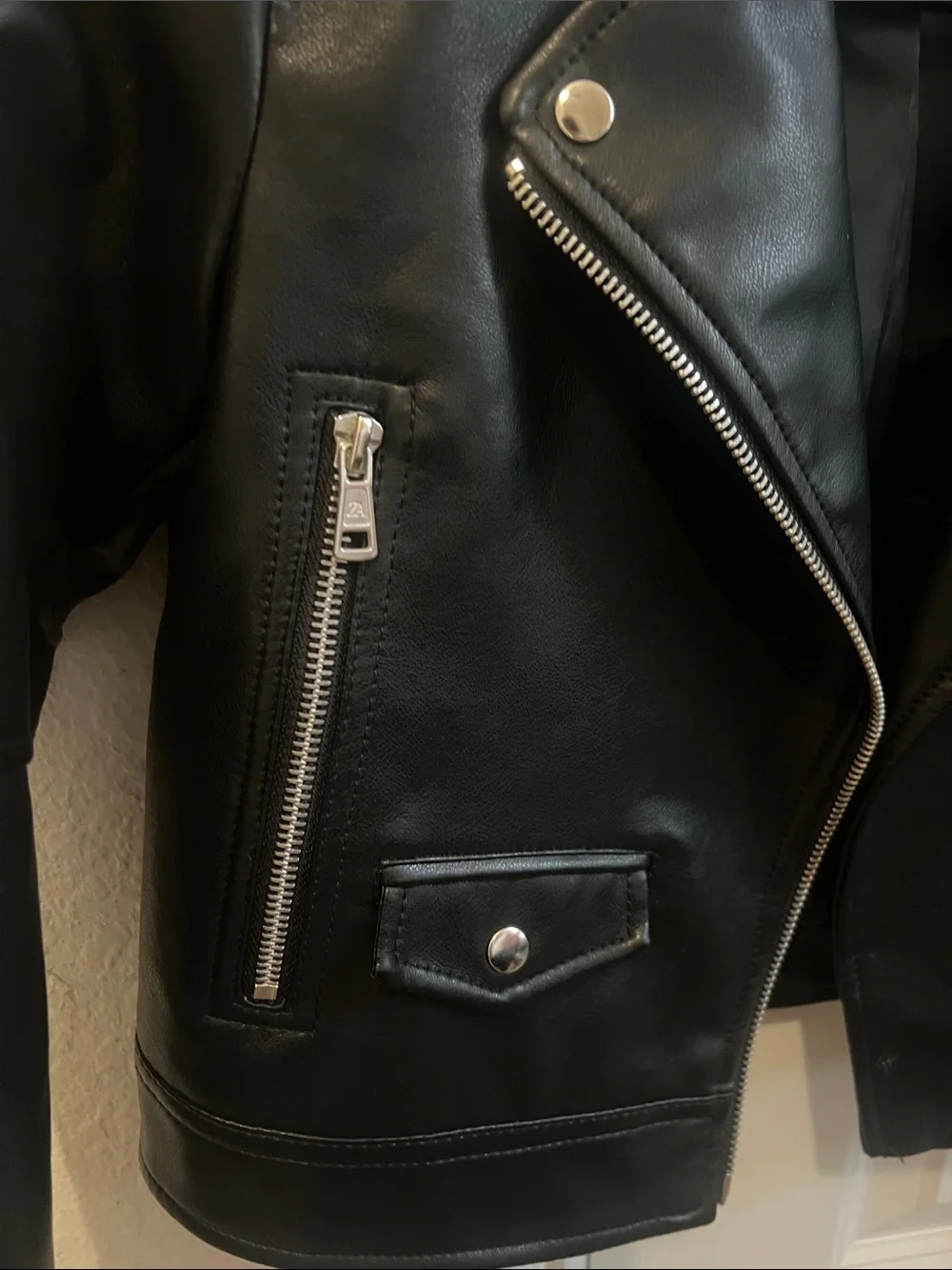 ZARA Black Faux Leather Biker Jacket with Silver Hardware